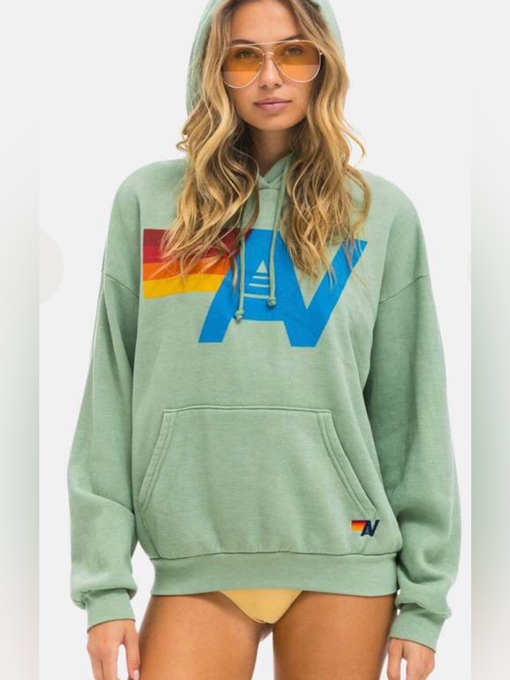 Aviator Nation LOGO PULLOVER RELAXED HOODIE - Sage Green Unisex Small